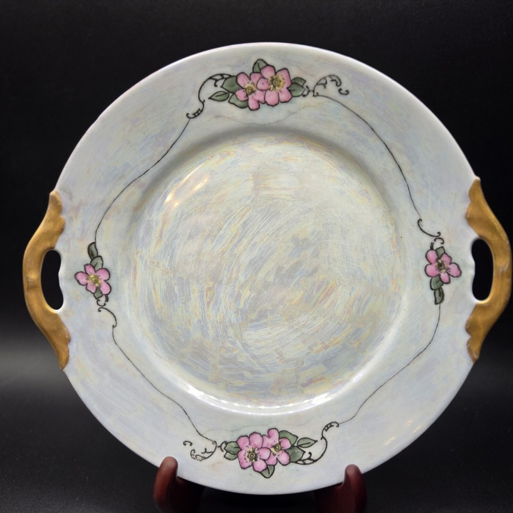 Vintage Thomas Bavaria Plate Pink Flowers Gold Handles Artist Signed in 1929 EUC